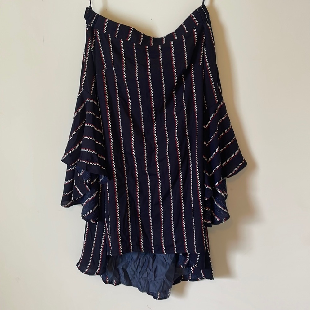 Runaway Sz Small/ 4 Striped Blue Cold Bare Shoulder Dress Flutter Ruffle Sleeve
